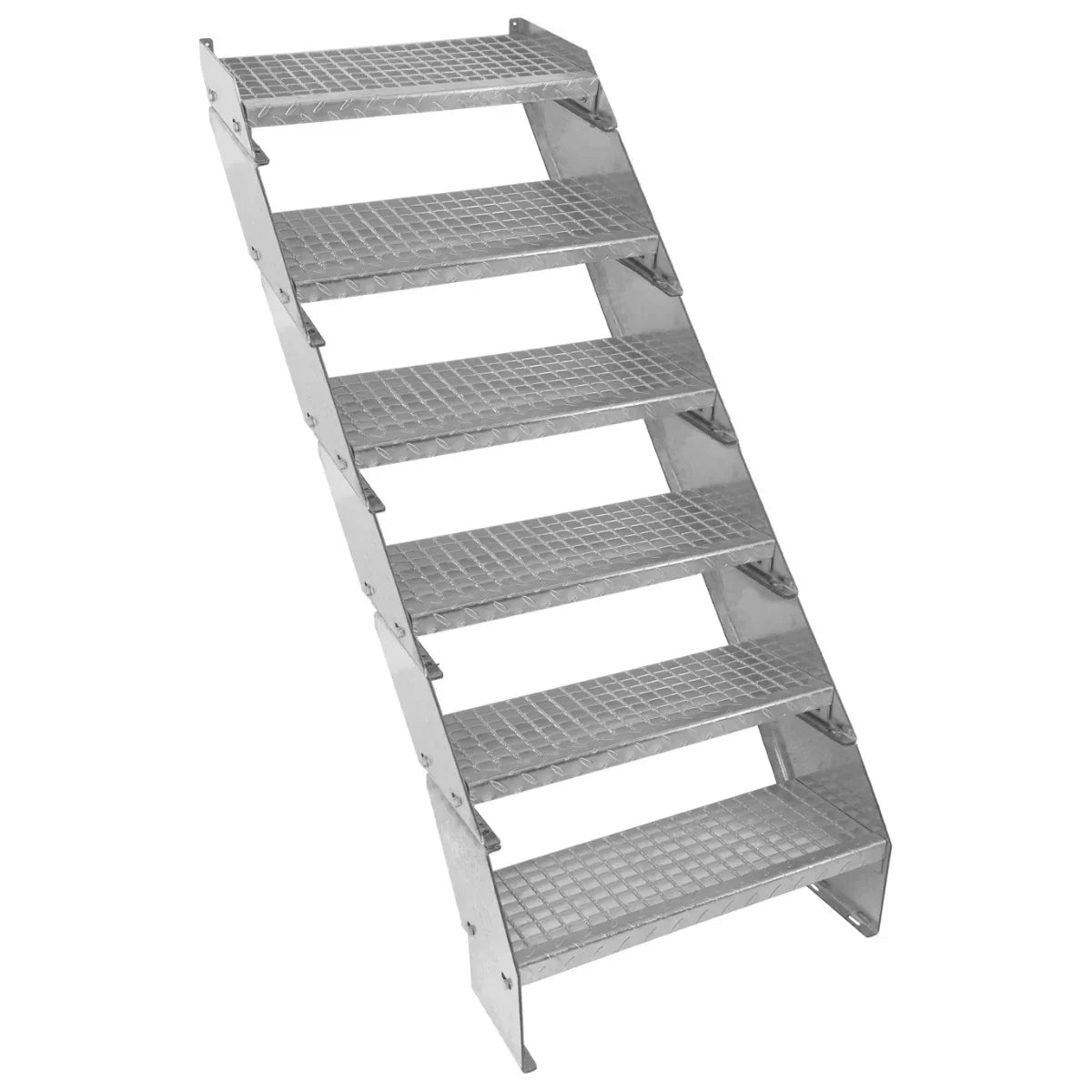 Adjustable 6-section galvanized staircase, 600mm wide, featuring a sturdy metal frame and slip-resistant textured steps for safety