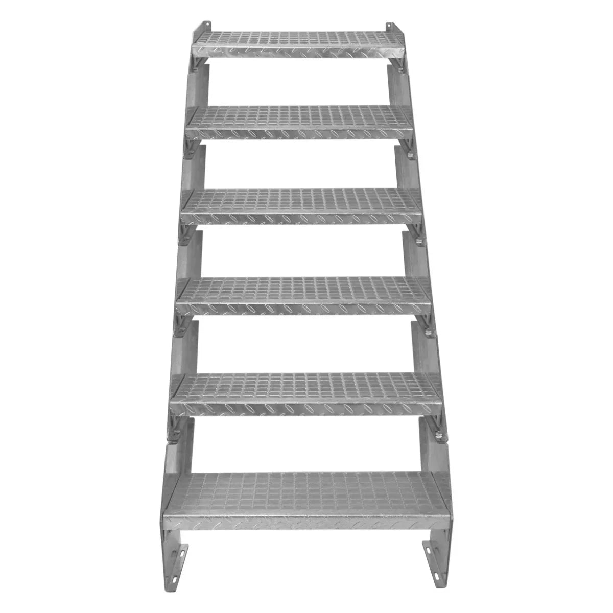 Adjustable 6-section galvanized staircase with a 600mm wide frame, featuring textured, slip-resistant steps for safety and durability