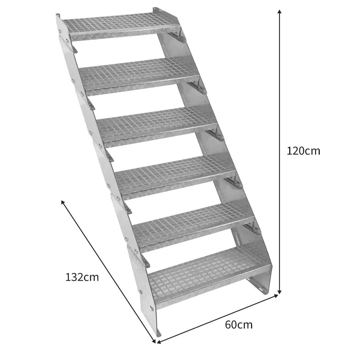 Adjustable 6-section galvanized staircase, 600mm wide, featuring a sturdy metal frame and textured steps for enhanced grip and safety