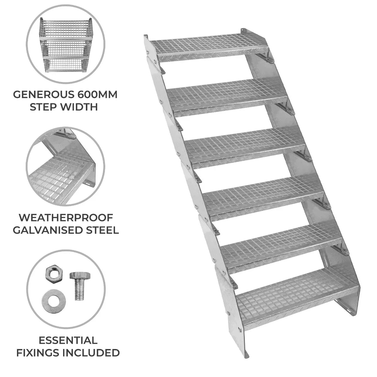 Adjustable 6-section galvanized staircase with a 600mm wide step, featuring a textured surface for grip and weatherproof durability