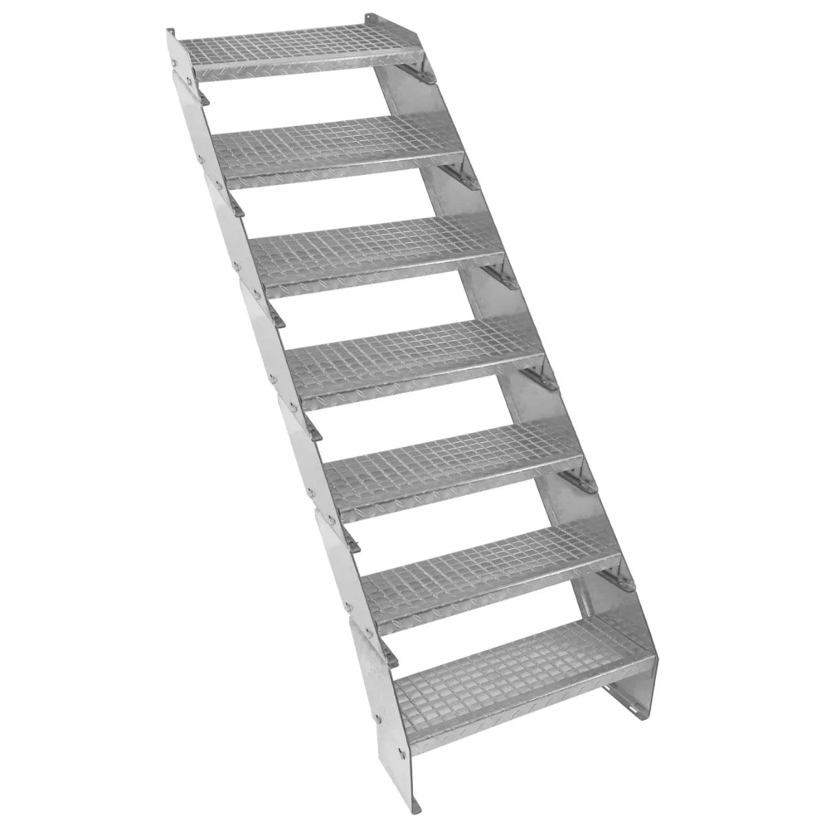 Adjustable 7-section galvanized staircase with a 600mm wide design, featuring textured, slip-resistant steps and sturdy metal construction