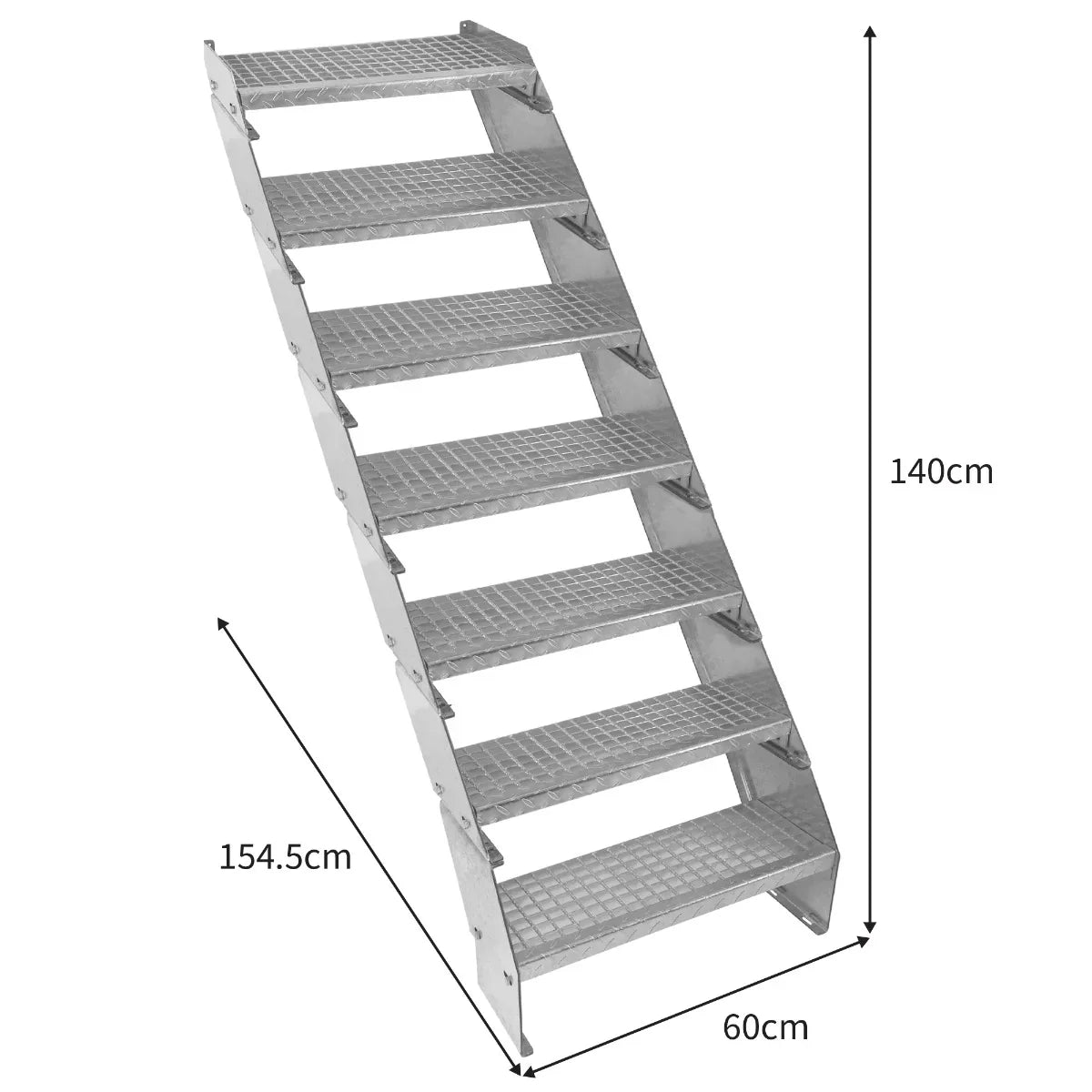 Adjustable 7-section galvanised staircase with a 600mm width, featuring a sturdy metal frame and textured steps for safety
