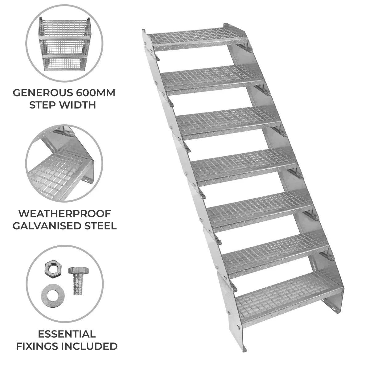 Adjustable 7-section staircase made of weatherproof galvanised steel, featuring a 600mm wide step width and textured surface for grip