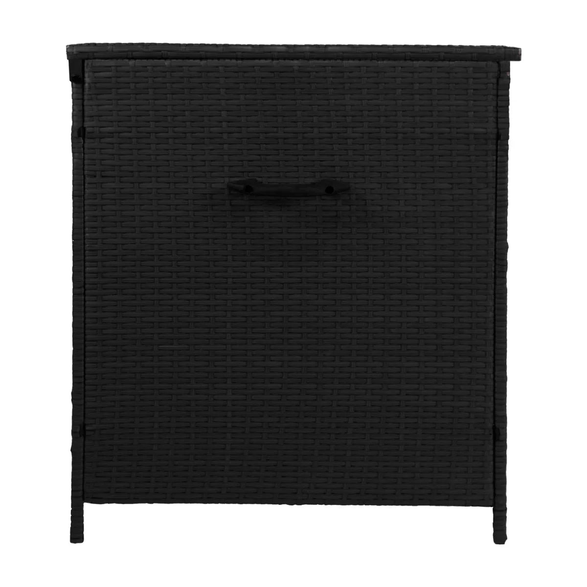 Black rattan storage box with a textured weave, featuring a sturdy handle and a spacious 582L capacity for versatile organization