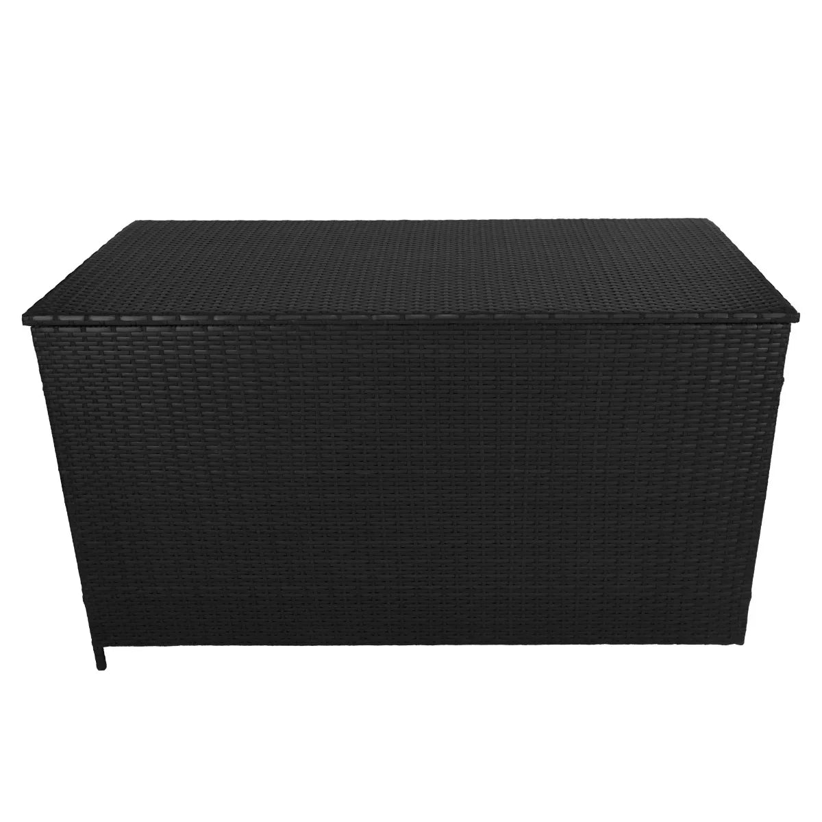 Black rattan storage box with a textured woven design, spacious 582L capacity, ideal for outdoor or indoor organization