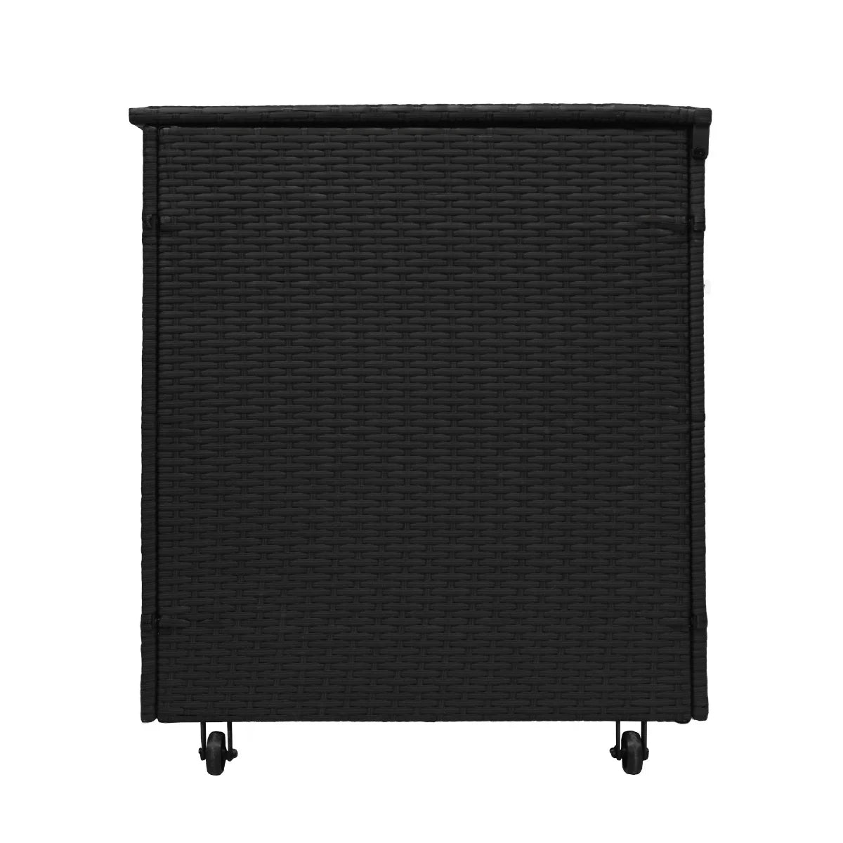 Black rattan storage box with a textured weave, featuring a sturdy lid and wheels for easy mobility, ideal for organizing items