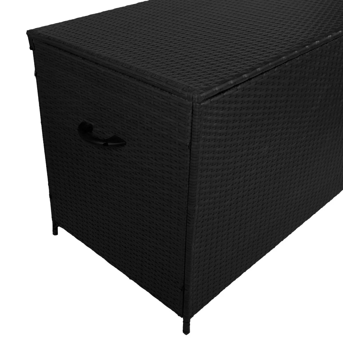 Black rattan storage box with a textured surface, sturdy construction, and side handles for easy transport, ideal for outdoor use