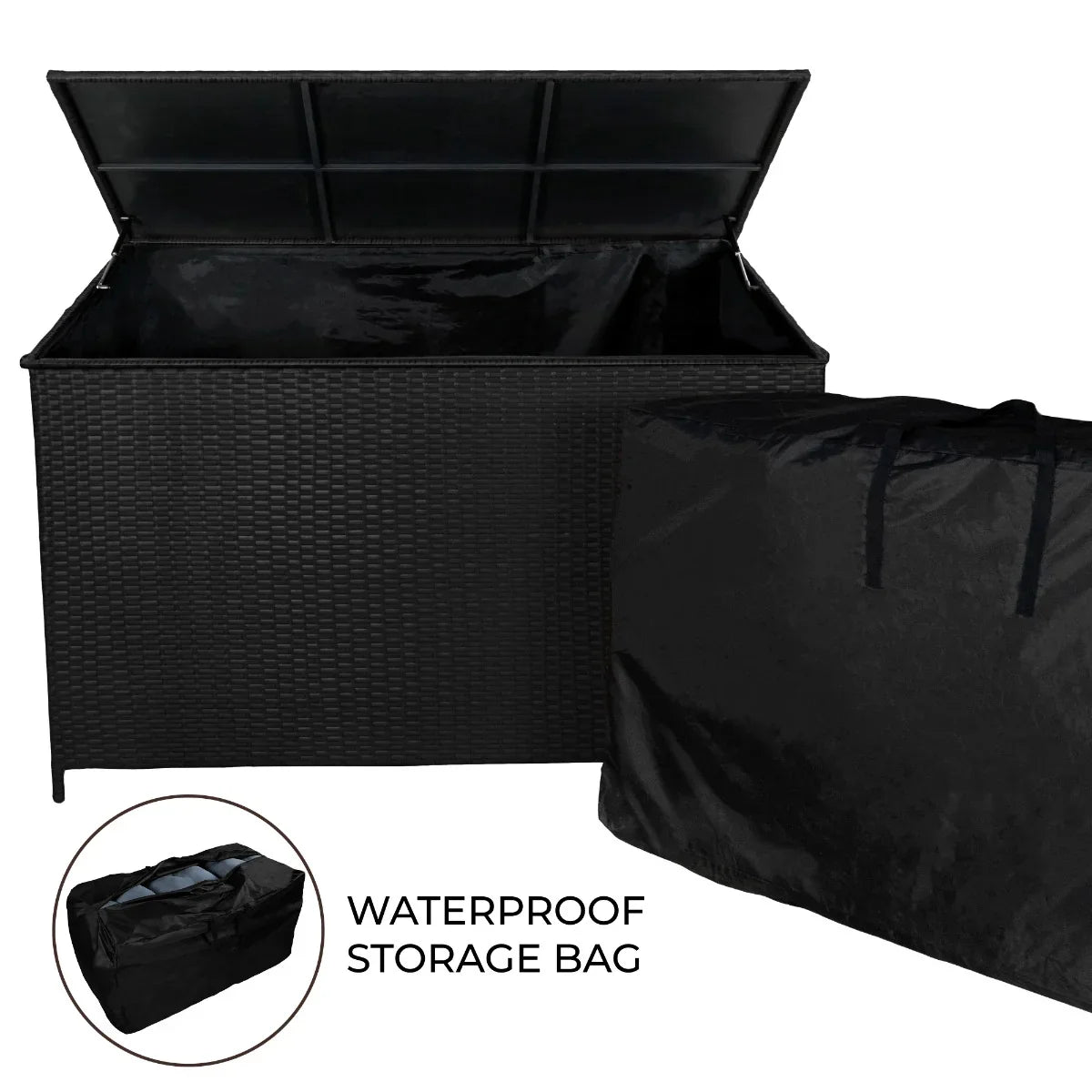 Black rattan storage box with a spacious 582L capacity, featuring a waterproof storage bag and a sturdy, textured exterior
