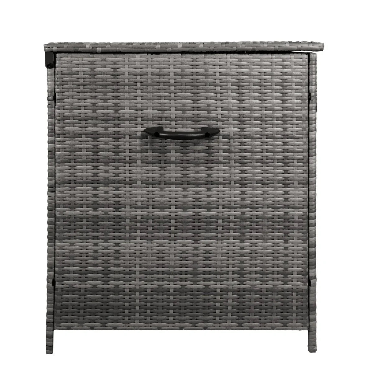 Grey rattan storage box with a textured woven design, featuring a sturdy handle and a spacious 582L capacity for versatile organization