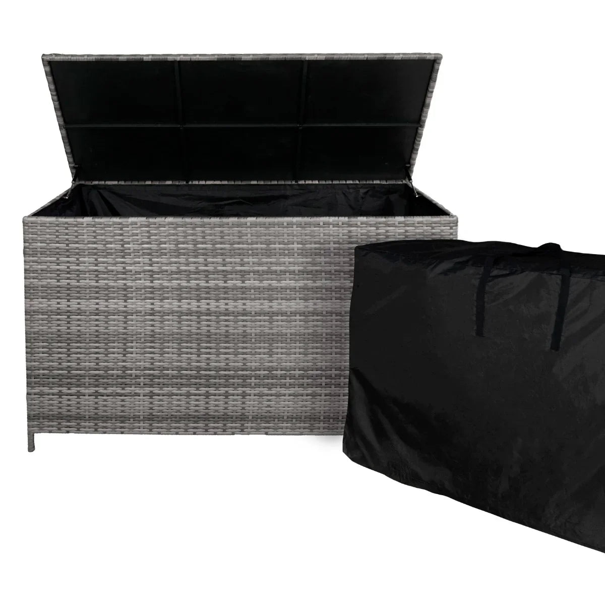 Grey rattan storage box with a spacious 582L interior, featuring a textured weave and a black waterproof liner for protection