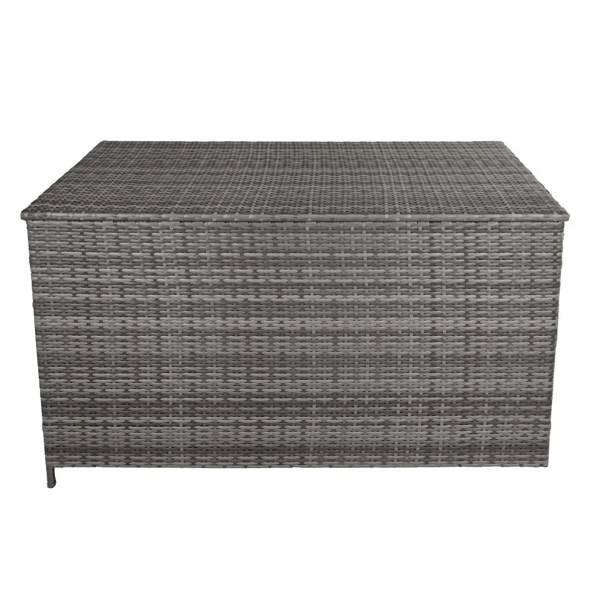 Grey rattan storage box with a textured woven design, spacious 582L capacity, ideal for outdoor or indoor organization
