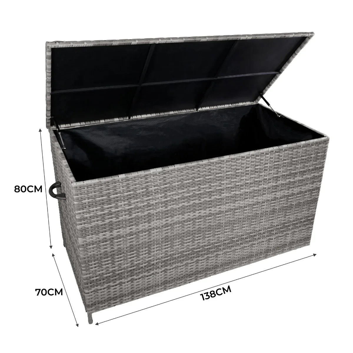 Grey rattan storage box with a spacious interior, dimensions 138cm x 70cm x 80cm, featuring a hinged lid and textured weave design