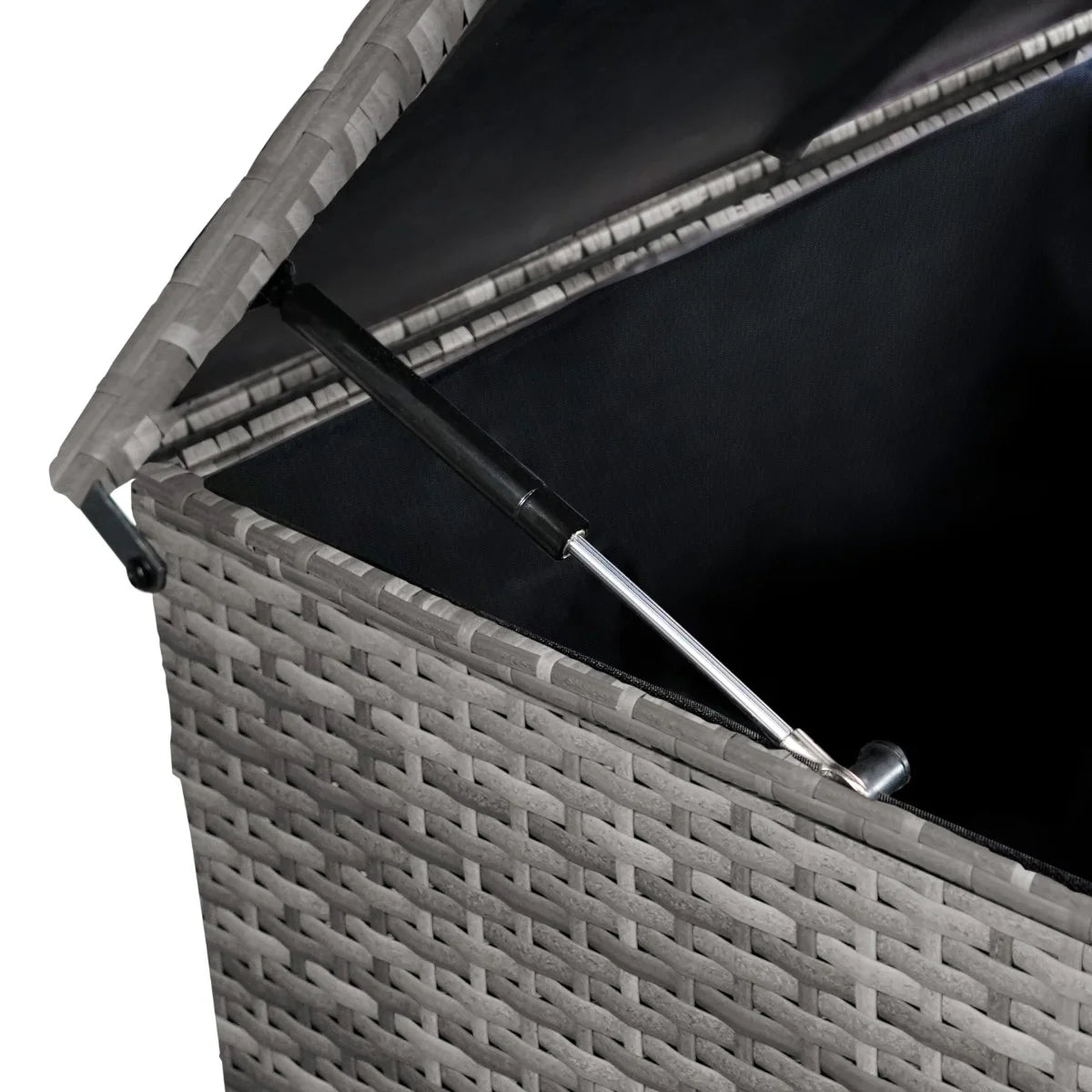 Grey rattan storage box with a hinged lid, featuring a sturdy interior and textured woven design for stylish organization