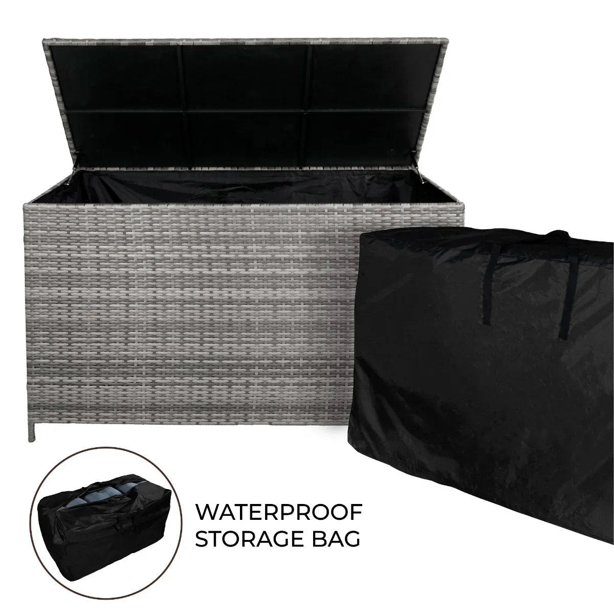 Grey rattan storage box with a spacious 582L interior, featuring a waterproof storage bag and a sleek, textured design