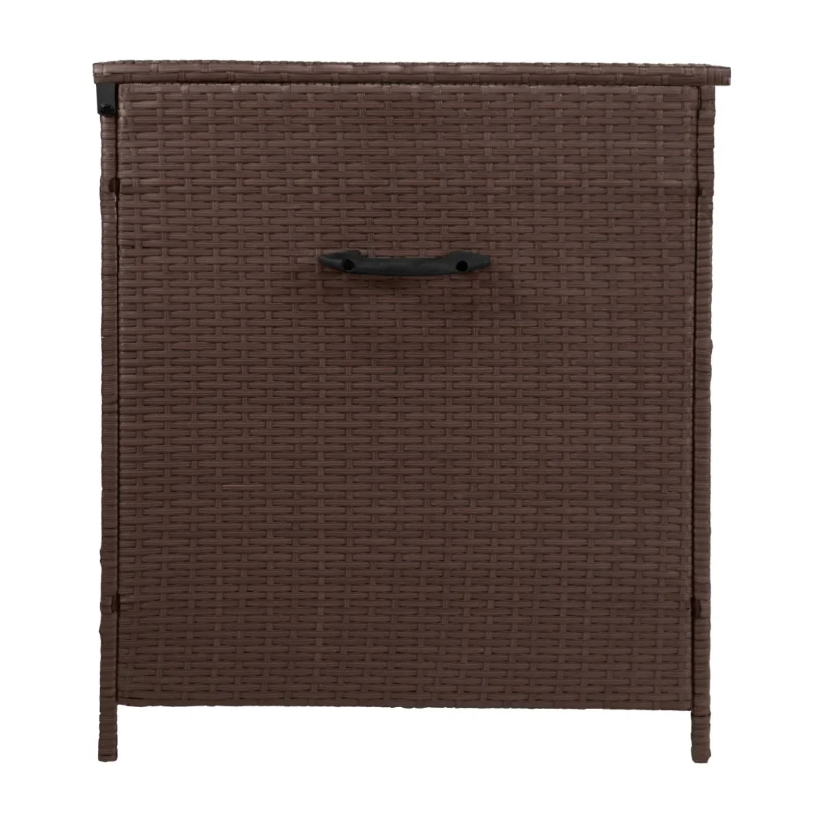 Brown rattan storage box with a textured woven design, featuring a sturdy handle and a spacious 582L capacity for organizing items
