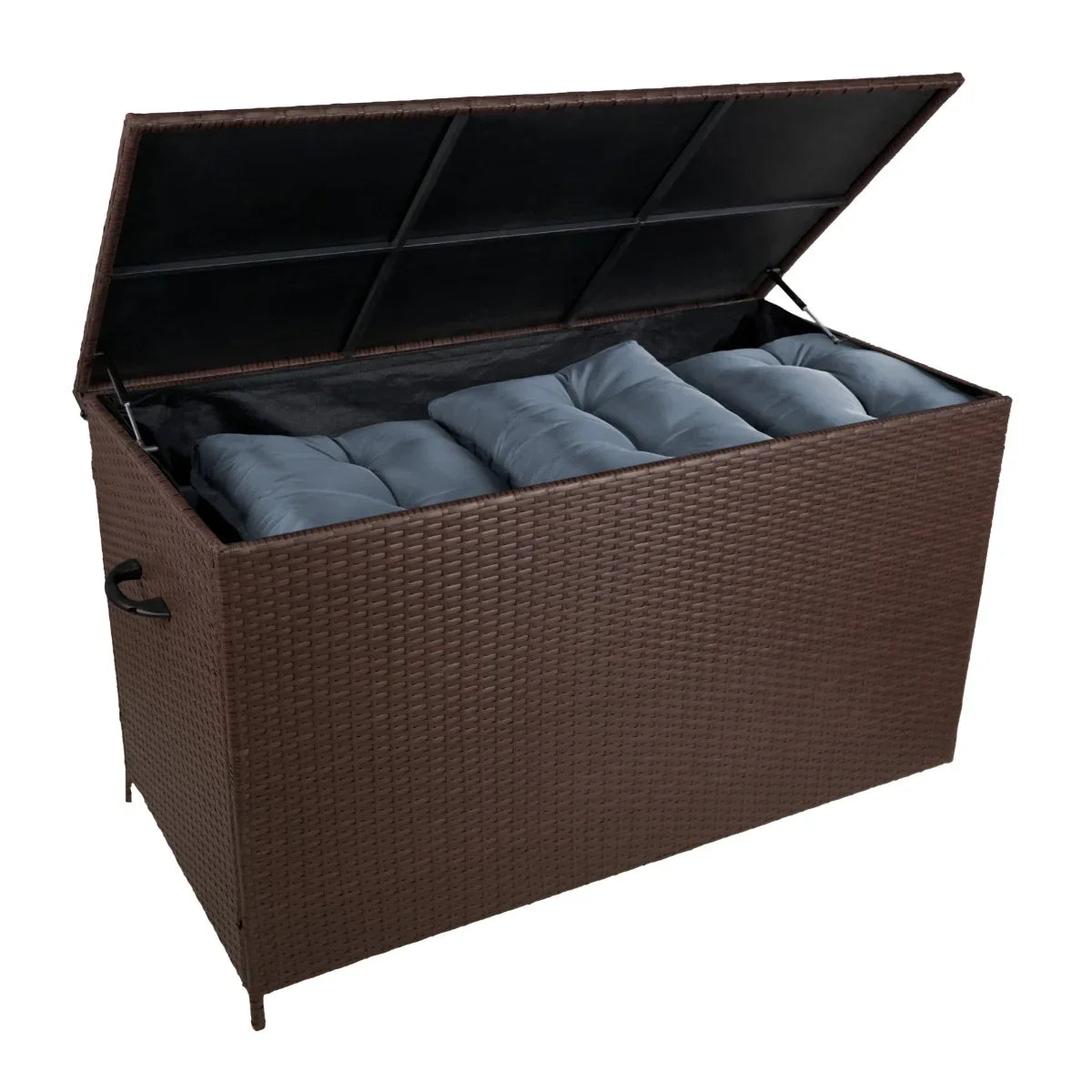 Brown rattan storage box with a spacious interior, featuring plush gray cushions and a hinged lid for easy access