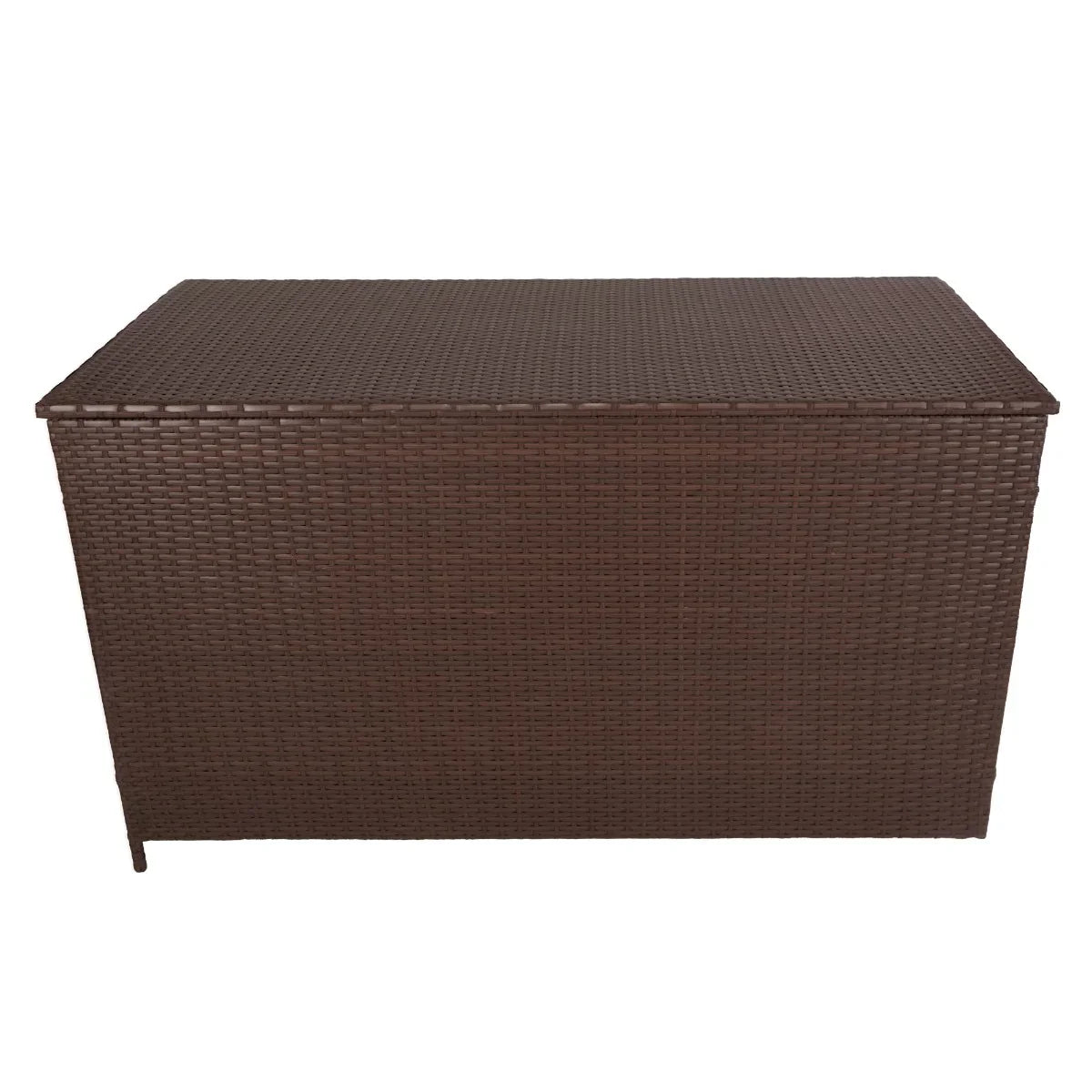 Brown rattan storage box with a textured woven design, featuring a spacious 582L capacity and a sturdy rectangular shape