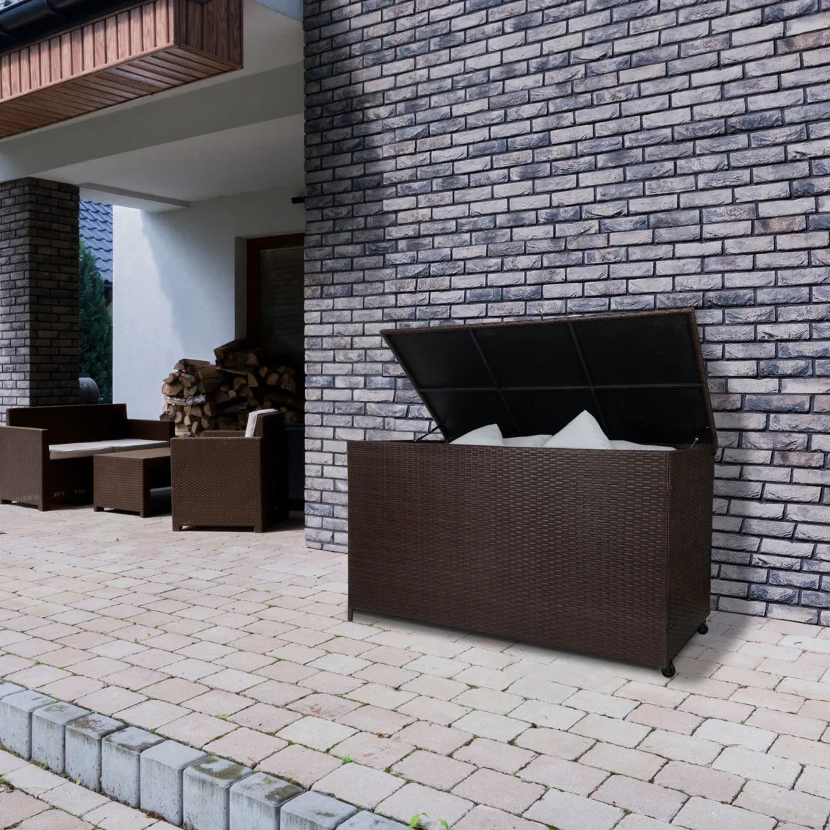 Brown rattan storage box with a hinged lid, placed on a patio, showcasing its spacious interior and textured weave design