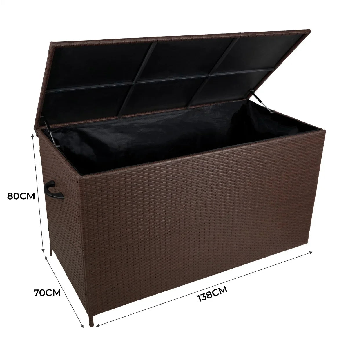 Brown rattan storage box with a spacious interior, textured weave, and a hinged lid, measuring 138cm x 70cm x 80cm