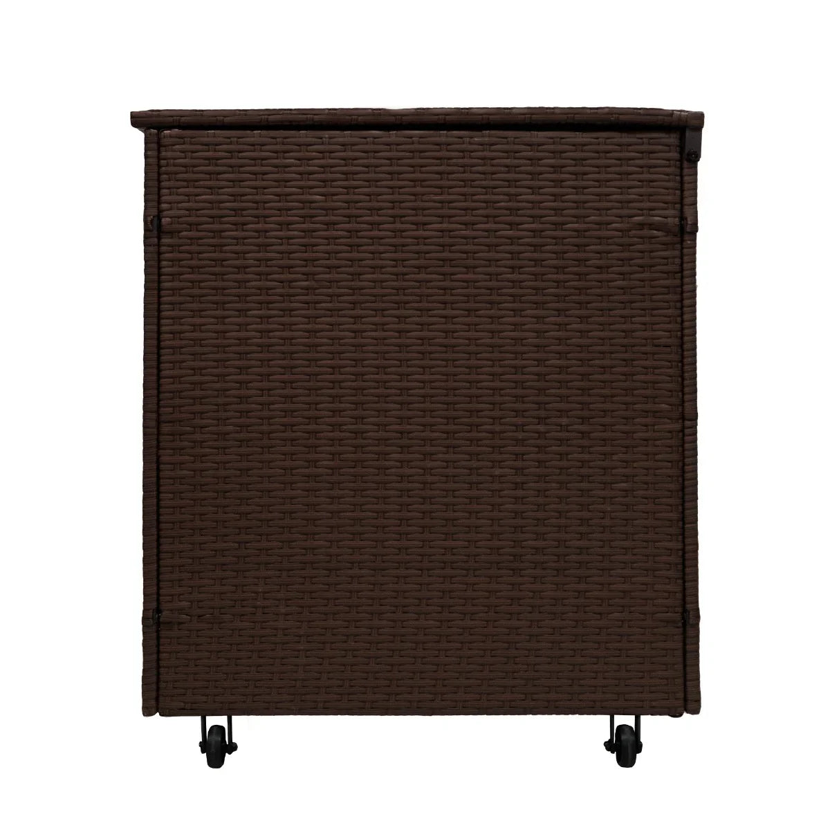 Brown rattan storage box with a textured woven design, featuring a lid and wheels for easy mobility, ideal for organizing items