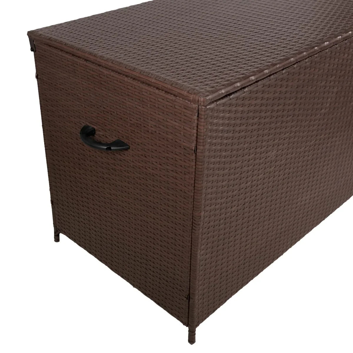 Brown rattan storage box with a textured weave, sturdy construction, and a black handle for easy access, ideal for organizing items