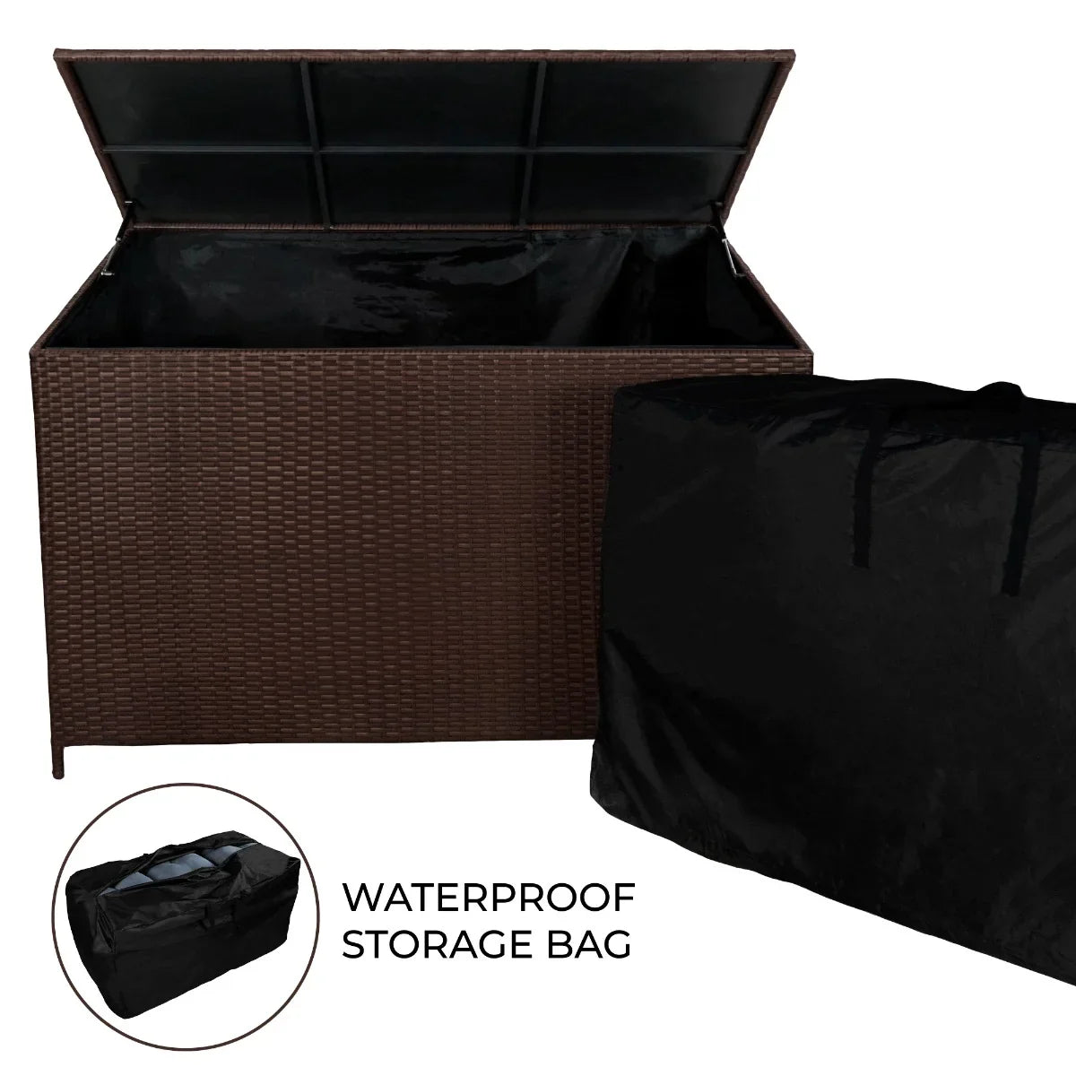 Brown rattan storage box with a spacious interior, featuring a waterproof storage bag and a sleek, woven texture design