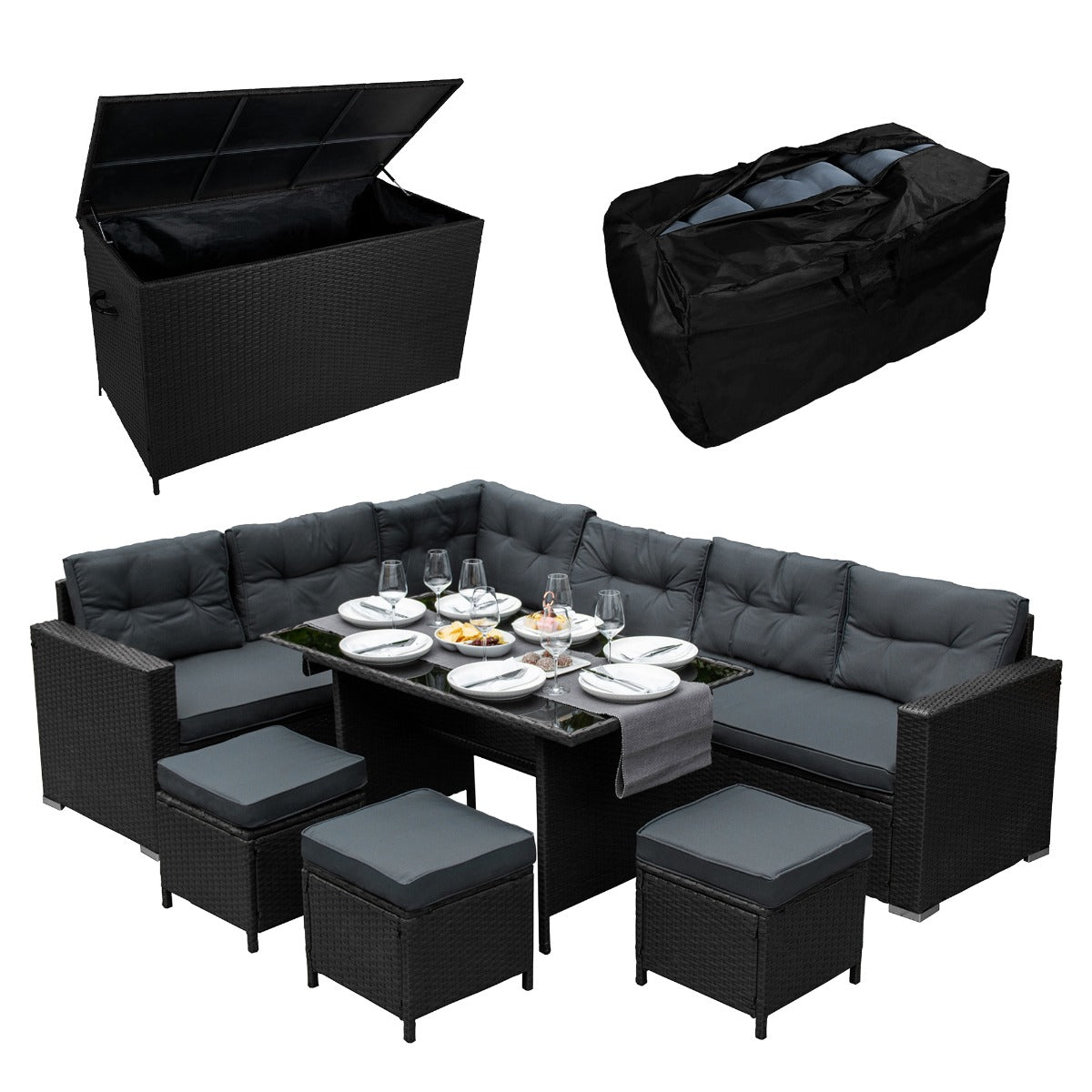 Rattan Corner Set & Storage Box - Black