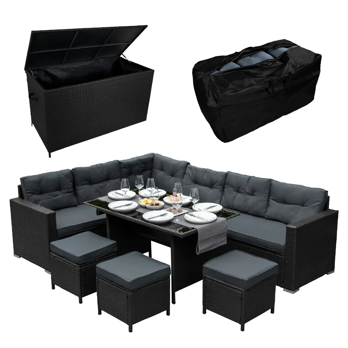 Black rattan corner set with plush gray cushions, glass-top table, and matching storage box for outdoor relaxation and dining