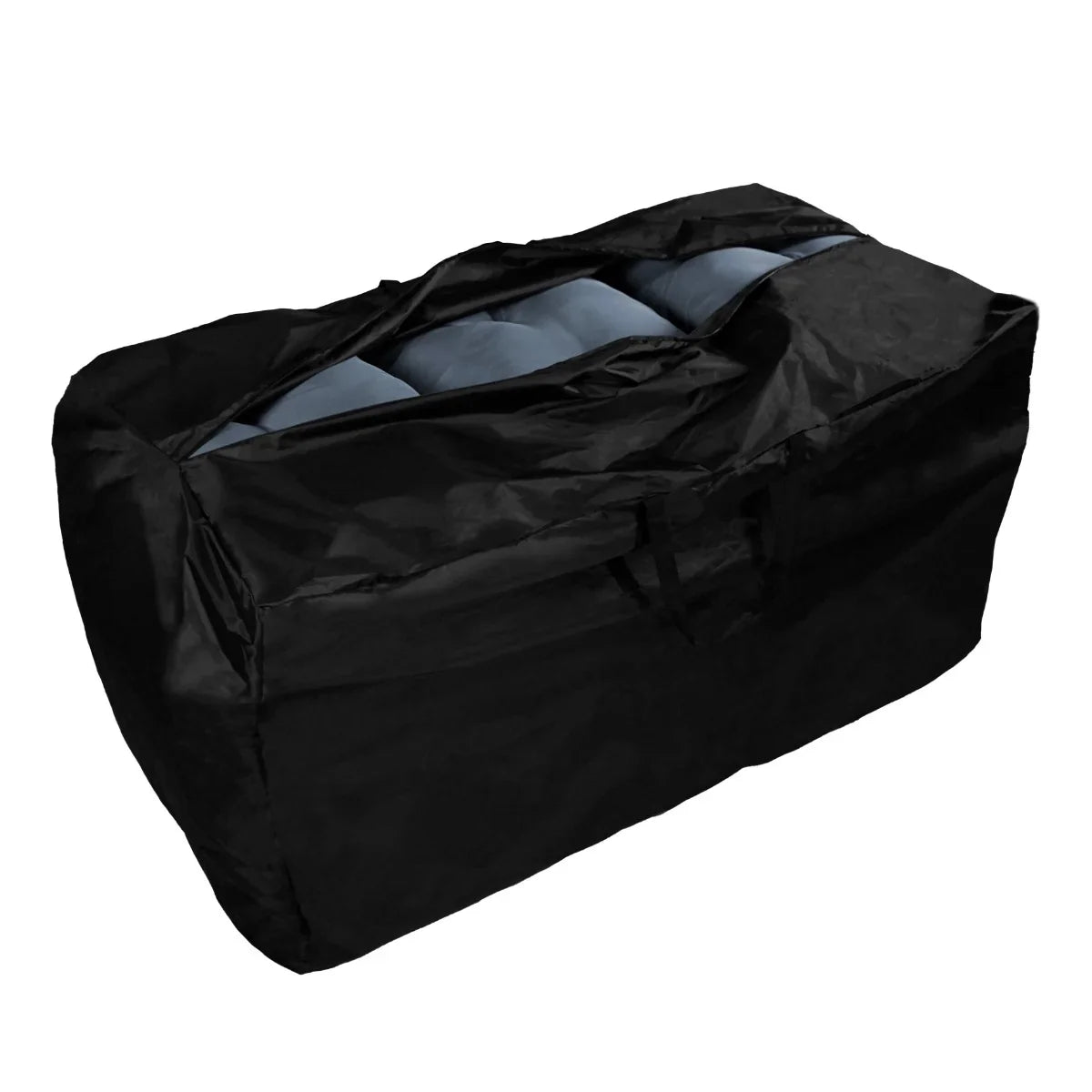 Black storage bag with handles, designed for rattan corner set cushions, featuring a durable, weather-resistant material and spacious interior