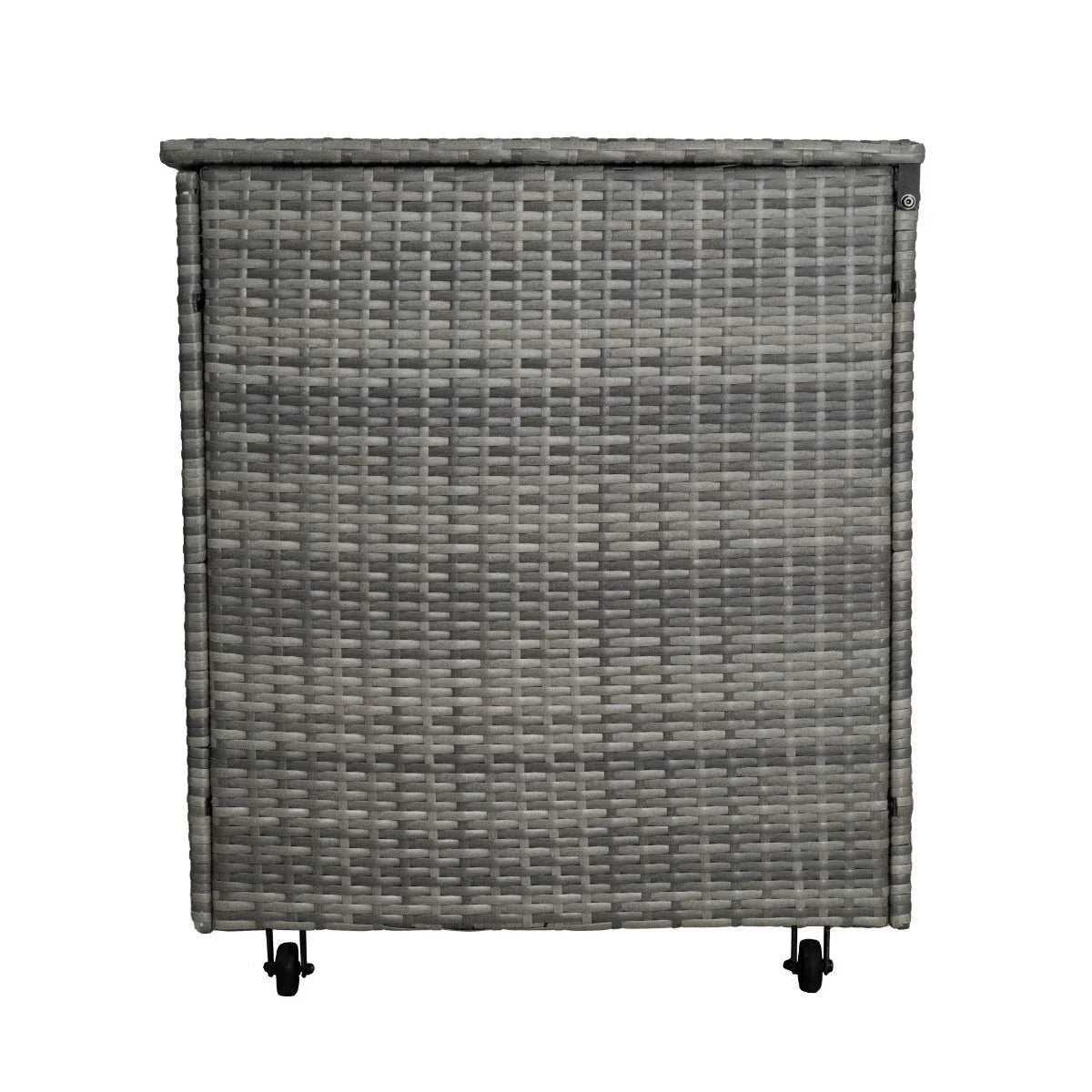 Grey rattan corner set with a storage box, featuring a woven texture and a sleek, modern design on rolling wheels