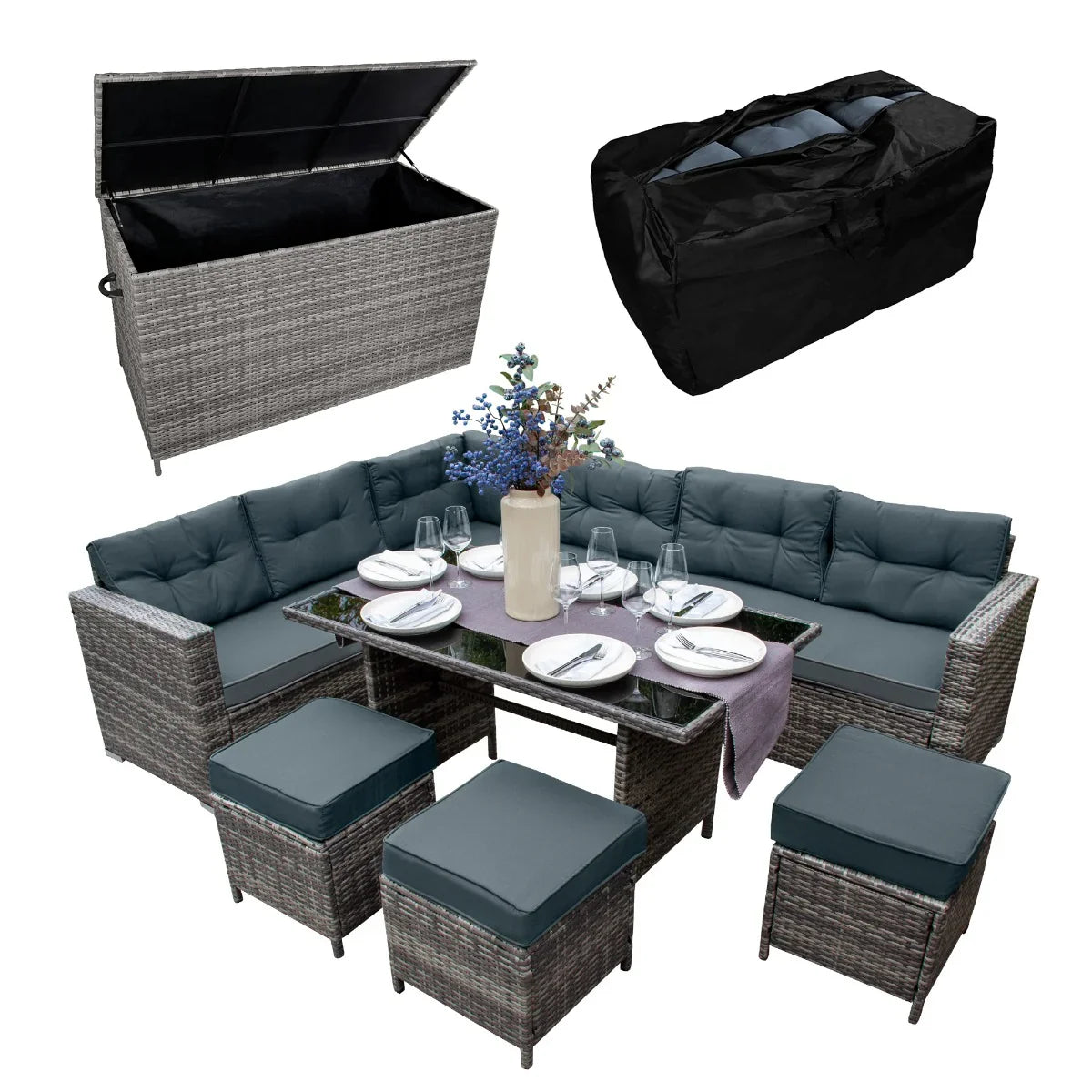 Grey rattan corner set with plush cushions, glass-top table, and a matching storage box, perfect for outdoor gatherings