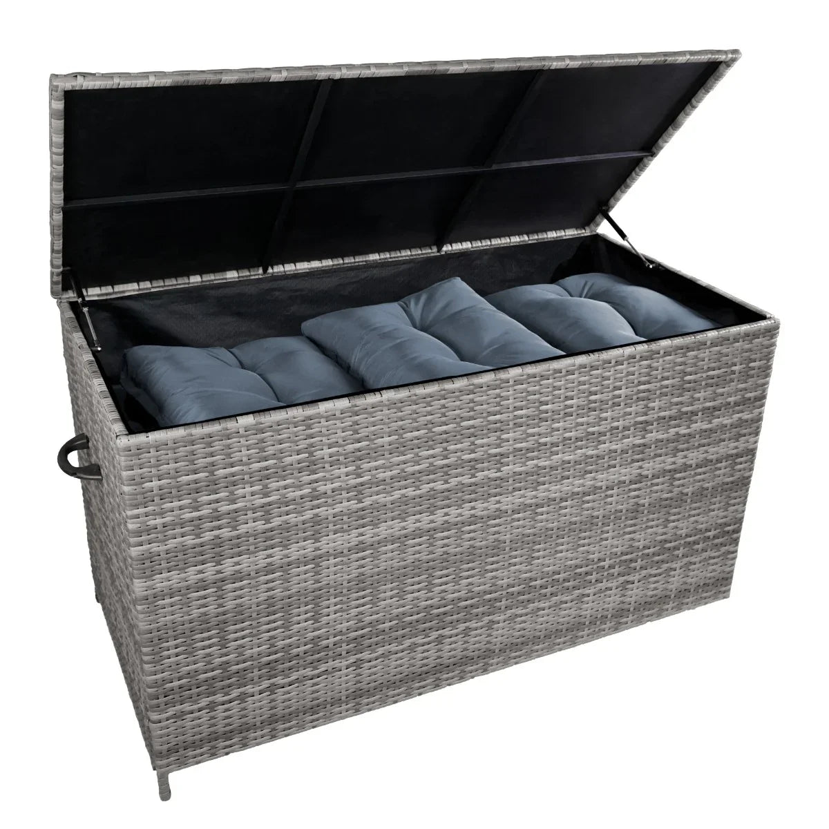 Grey rattan storage box with a hinged lid, filled with soft blue cushions, ideal for outdoor furniture organization