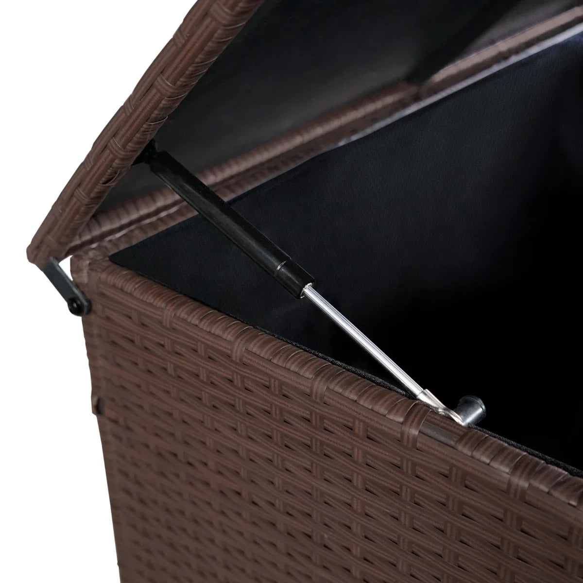 Brown rattan storage box with a textured woven design, featuring a lift-top lid and gas strut for easy access to contents