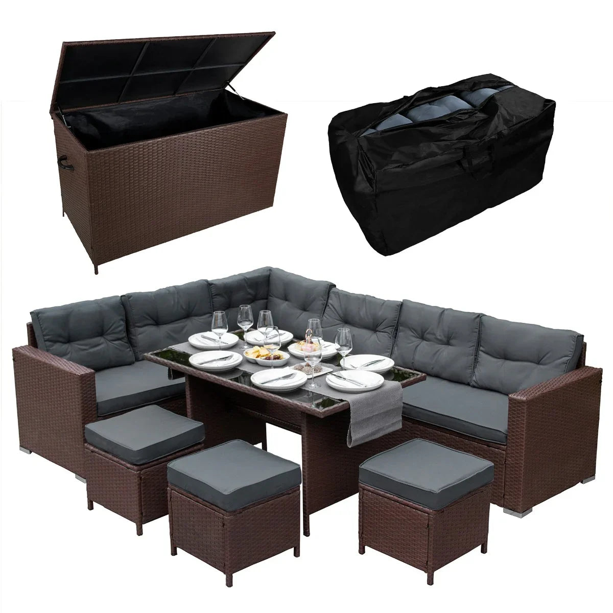 Brown rattan corner set with plush gray cushions, matching storage box, and a stylish dining table set for outdoor gatherings