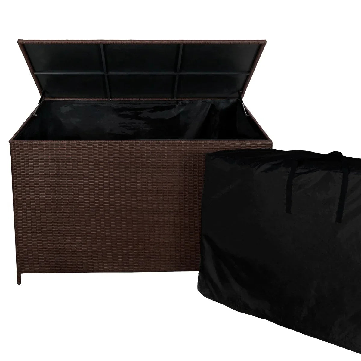 Brown rattan corner set with a spacious storage box, featuring a textured woven design and a sleek black cover for protection