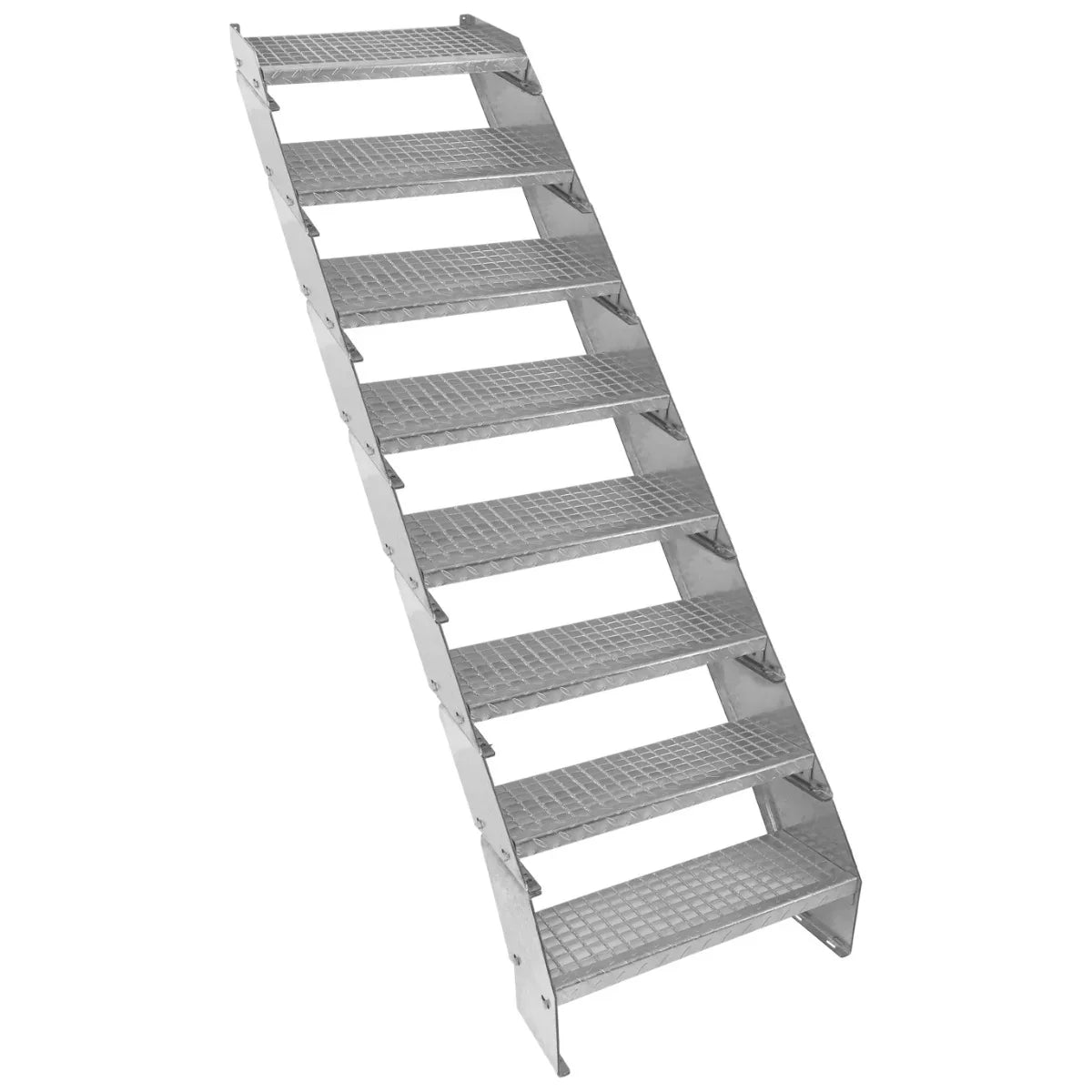 Galvanised adjustable staircase with eight sections, 600mm wide, featuring a textured surface for enhanced grip and stability