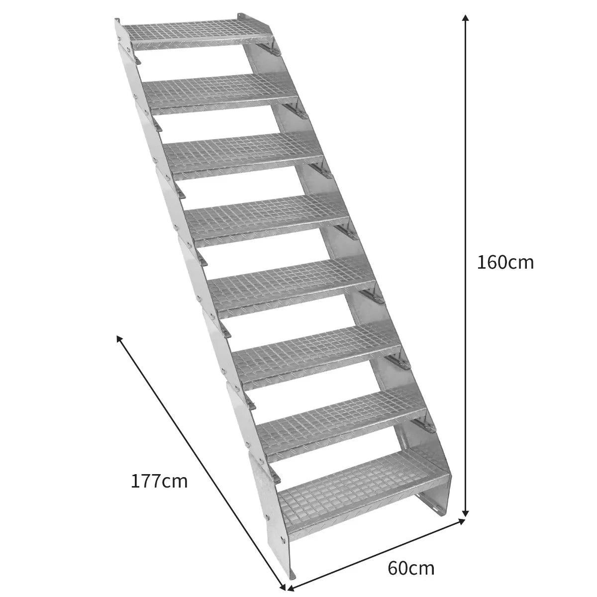 Galvanised adjustable staircase with eight sections, 600mm wide, featuring sturdy metal construction and textured steps for safety