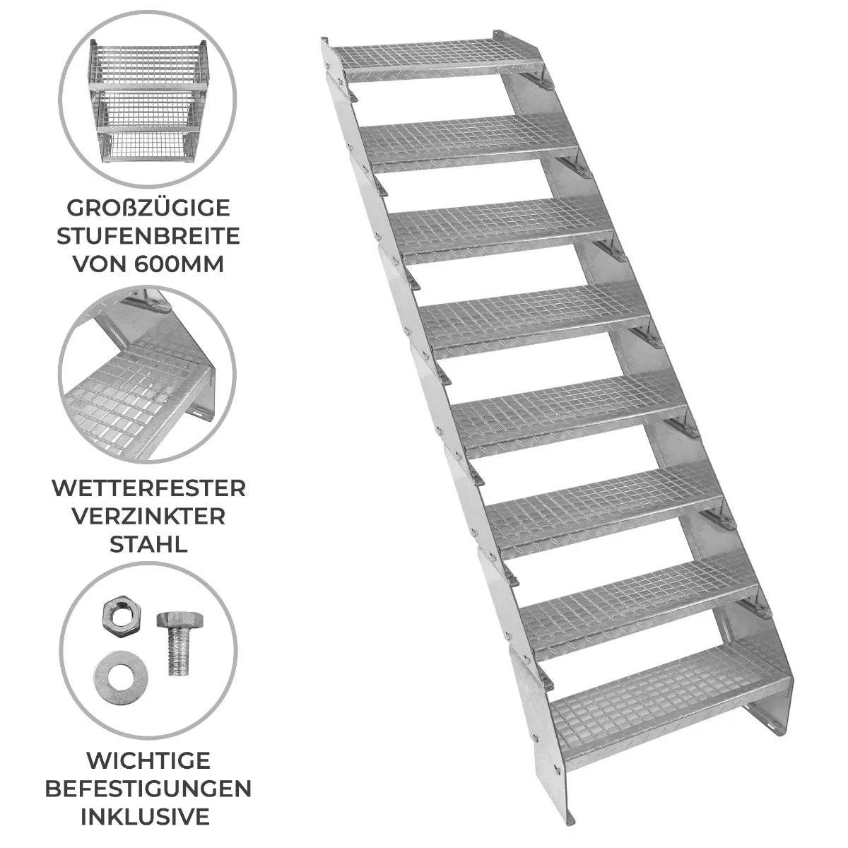Adjustable 8-section galvanized staircase, 600mm wide, featuring a sturdy, textured surface and weather-resistant steel construction