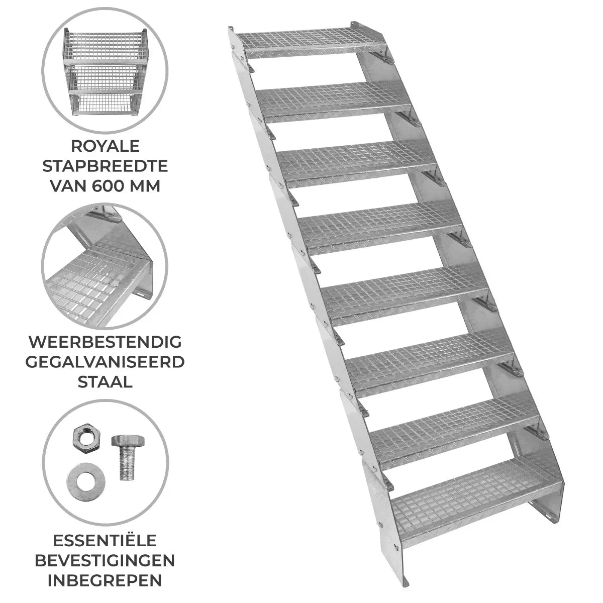 Adjustable 8-section galvanized staircase with a 600mm wide, slip-resistant surface and sturdy metal construction for durability