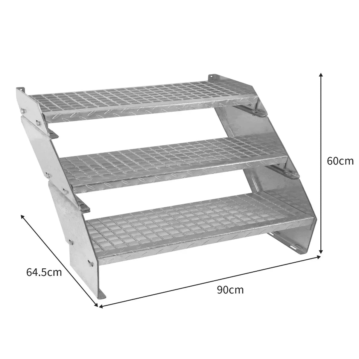 Adjustable galvanised staircase with three sections, featuring a diamond-patterned surface, measuring 900mm wide and 600mm high