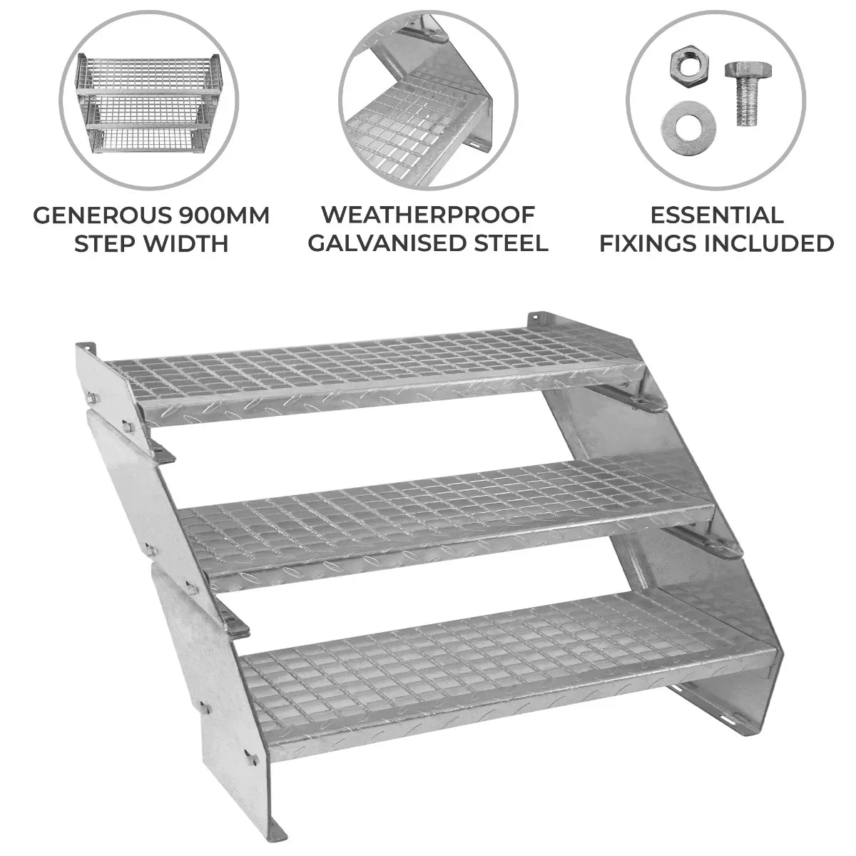 Adjustable 3-section staircase made of weatherproof galvanised steel, featuring a 900mm wide design with textured steps and essential fixings included