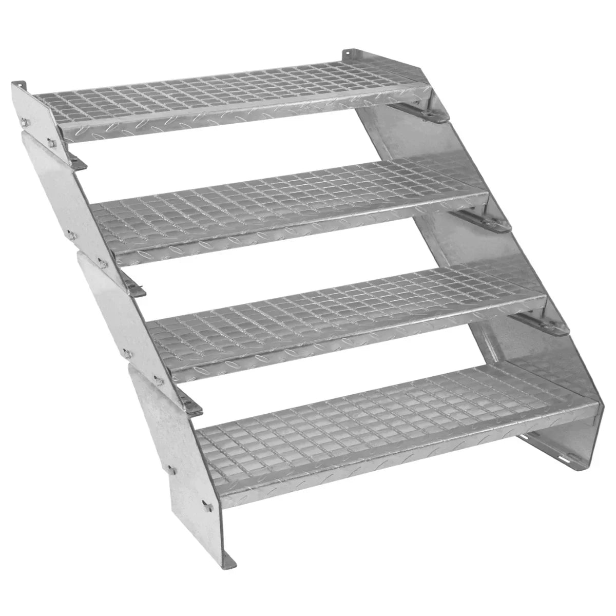 Galvanised adjustable staircase with four textured sections, 900mm wide, featuring a sturdy metal construction and diamond-patterned surface for grip