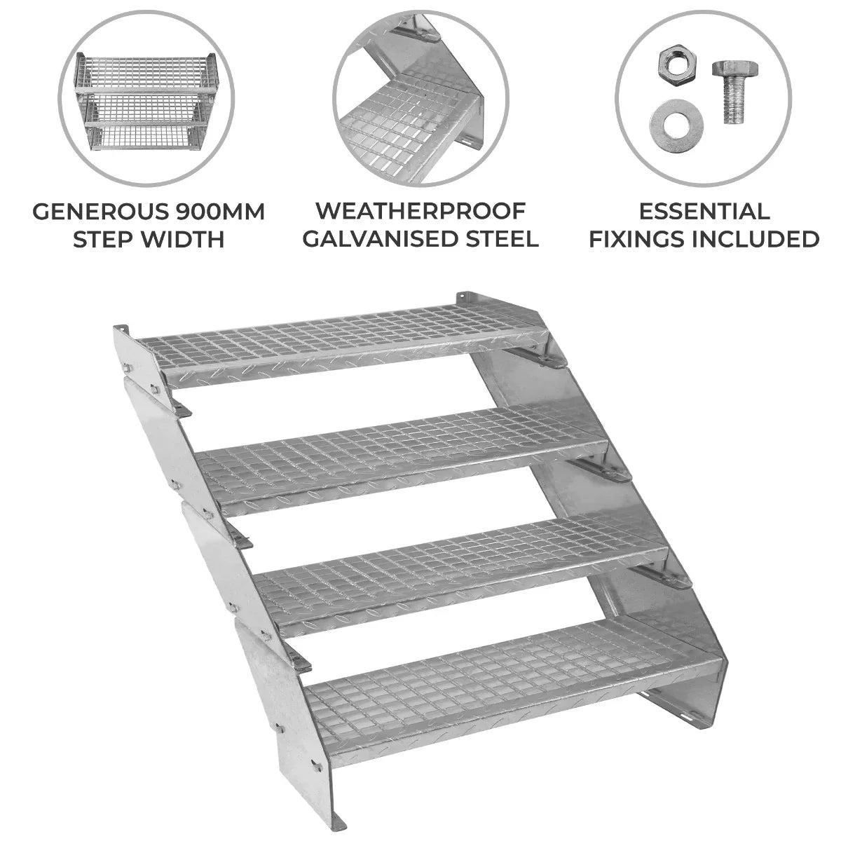 Adjustable 4-section staircase made of weatherproof galvanised steel, featuring a 900mm wide step and essential fixings included