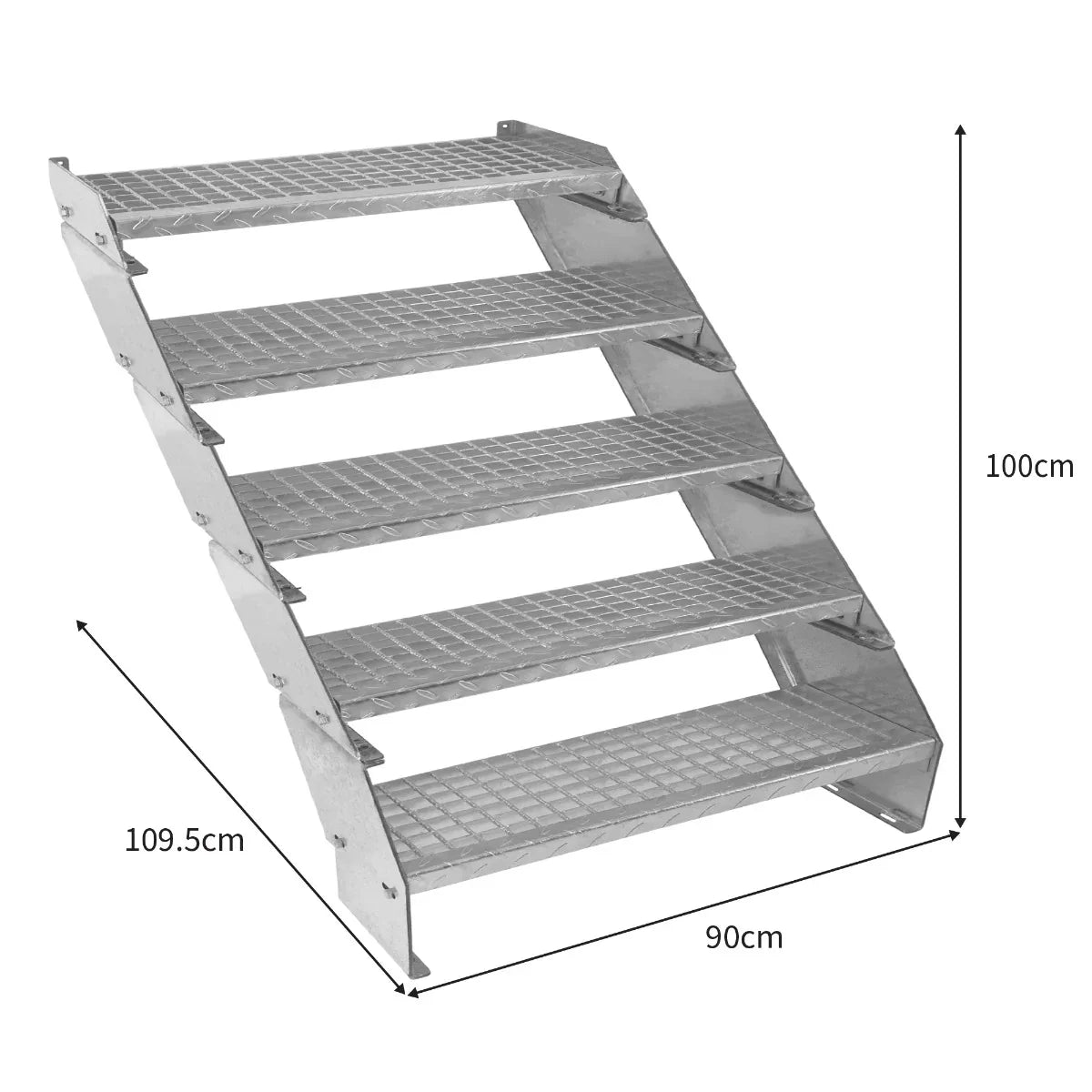 Adjustable 5-section galvanized staircase, 900mm wide, featuring a sturdy metal frame and textured steps for enhanced grip and safety