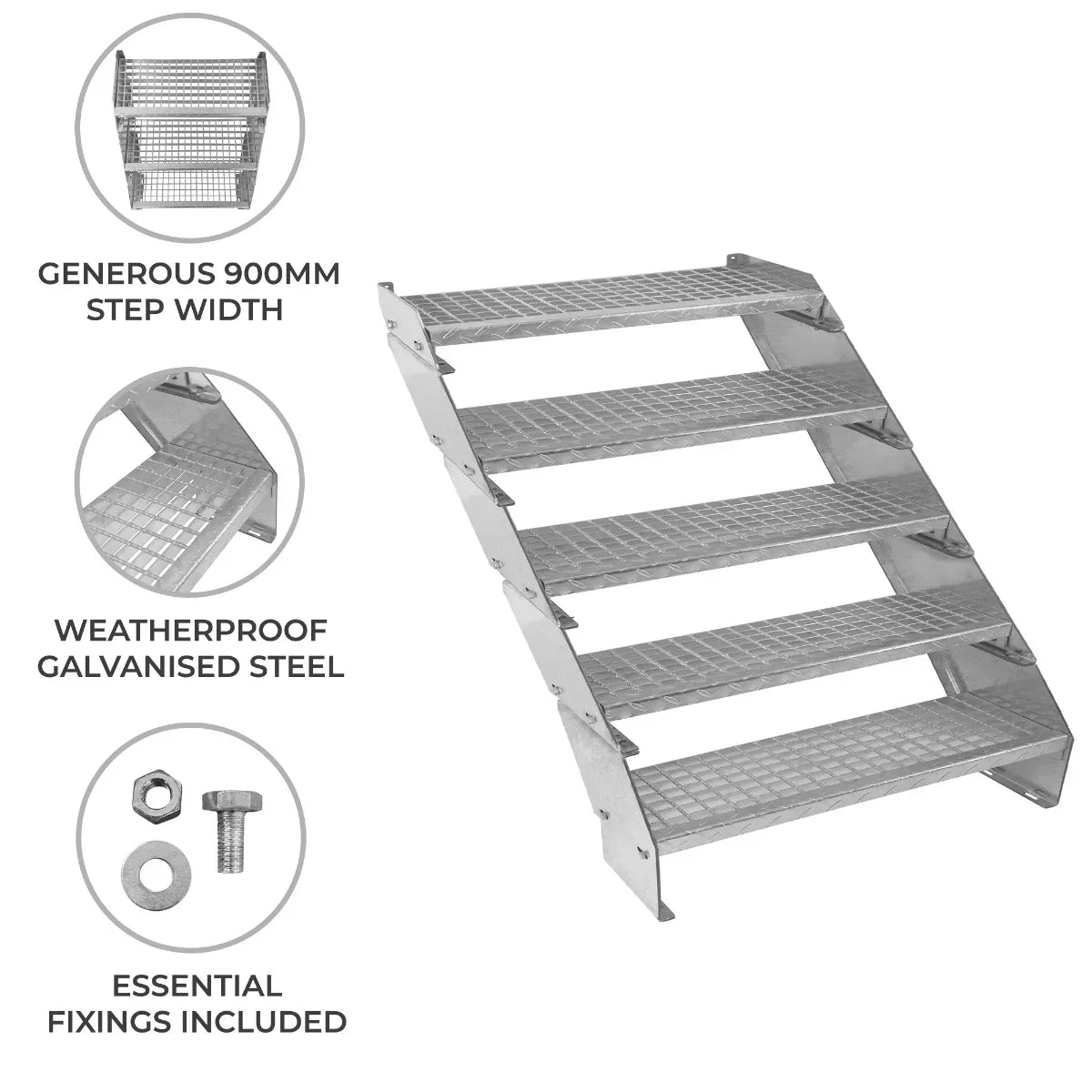 Adjustable 5-section staircase made of weatherproof galvanised steel, featuring a 900mm wide step and essential fixings included