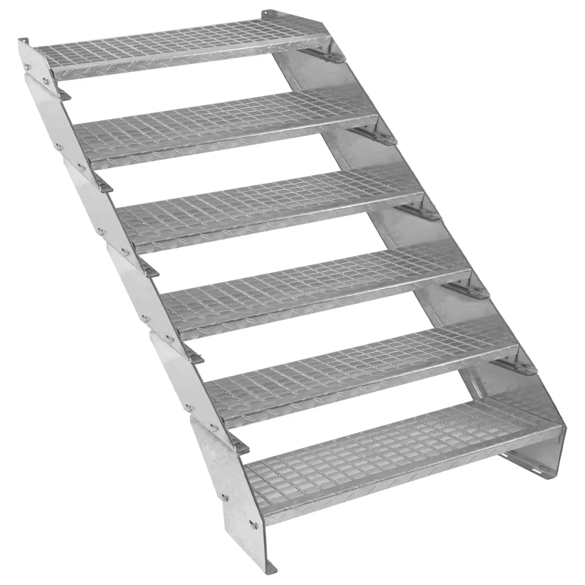 Adjustable 6-section galvanized staircase, 900mm wide, featuring a sturdy metal frame and textured steps for enhanced grip and safety