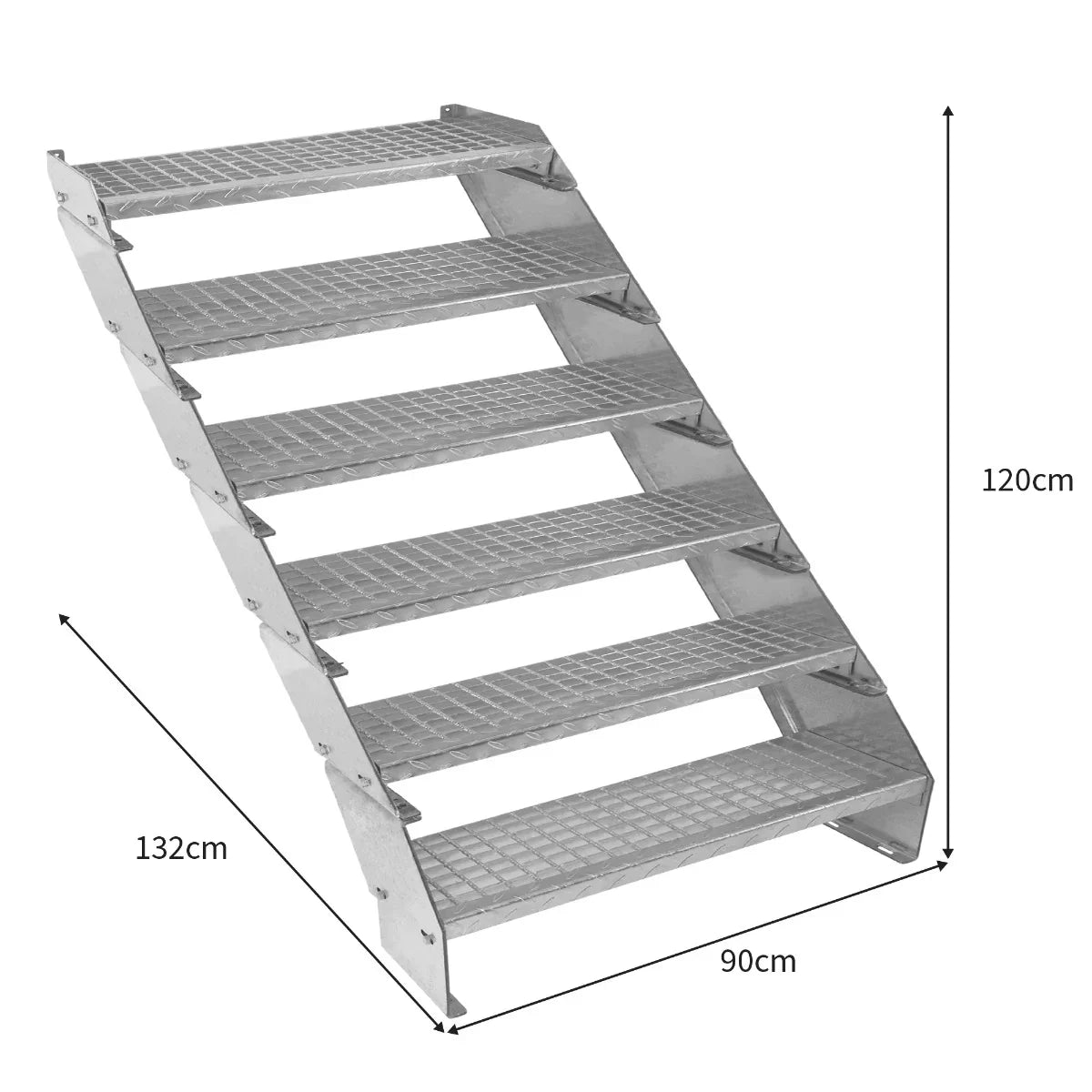 Adjustable 6-section galvanised staircase, 900mm wide, featuring a sturdy metal frame, textured steps, and angled design for stability
