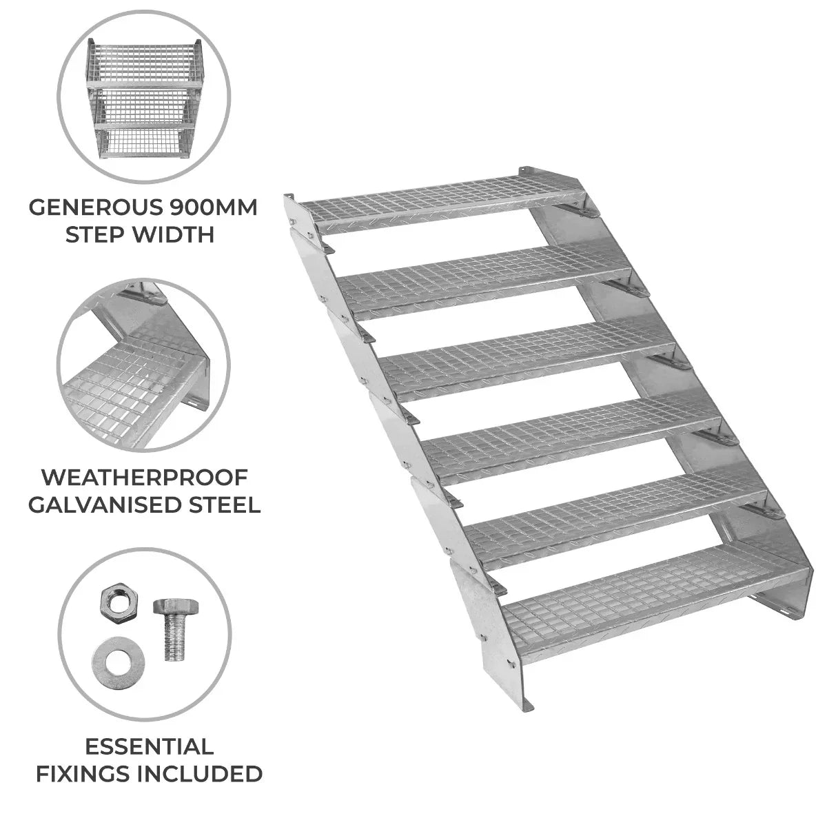 Adjustable 6-section galvanized staircase with a 900mm wide step, featuring a textured surface and essential fixings included