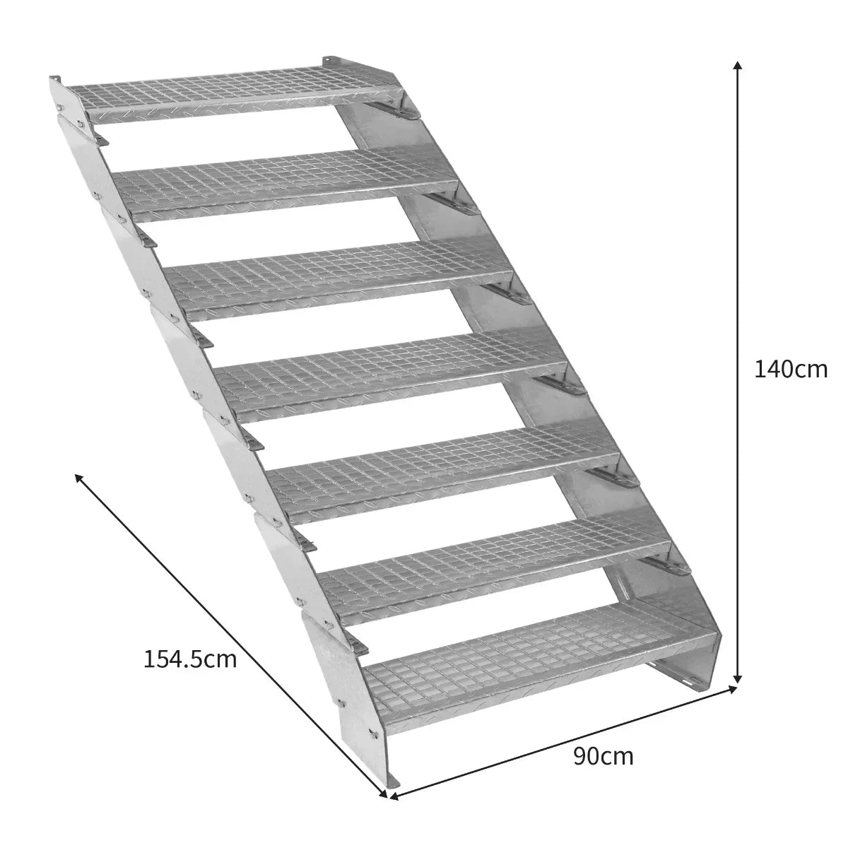 Adjustable 7-section galvanized staircase with a 900mm width, featuring a sturdy, textured surface and angled design for safety