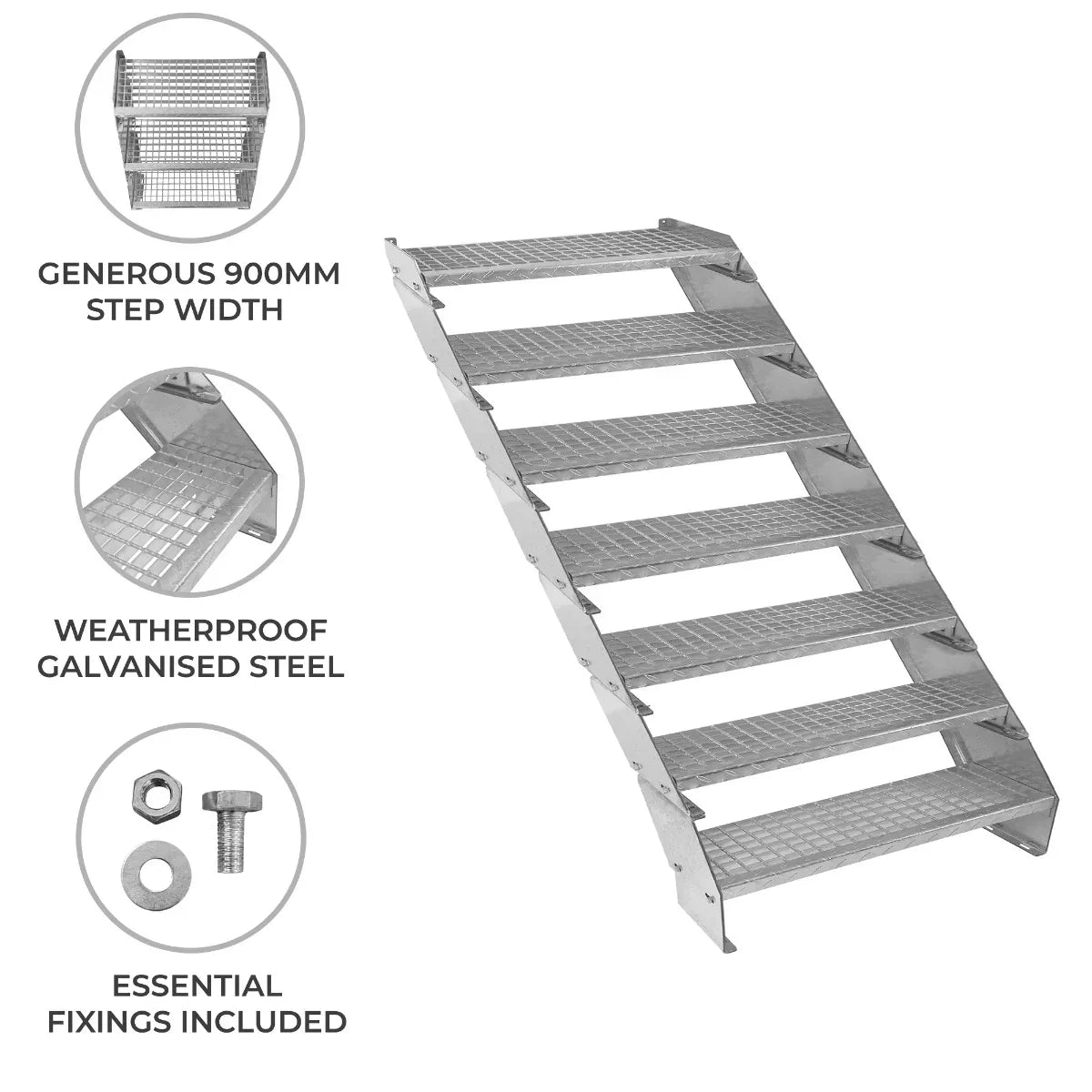 Adjustable 7-section staircase made of weatherproof galvanised steel, featuring a 900mm wide step with a textured surface for grip